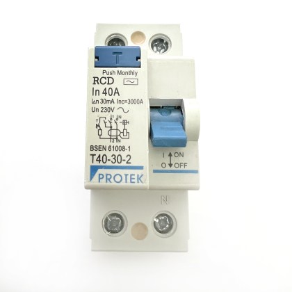 Protek T40-30-2 Blue Button 40A 40 Amp 30mA RCD 2 Double Pole Circuit Breaker Type AC